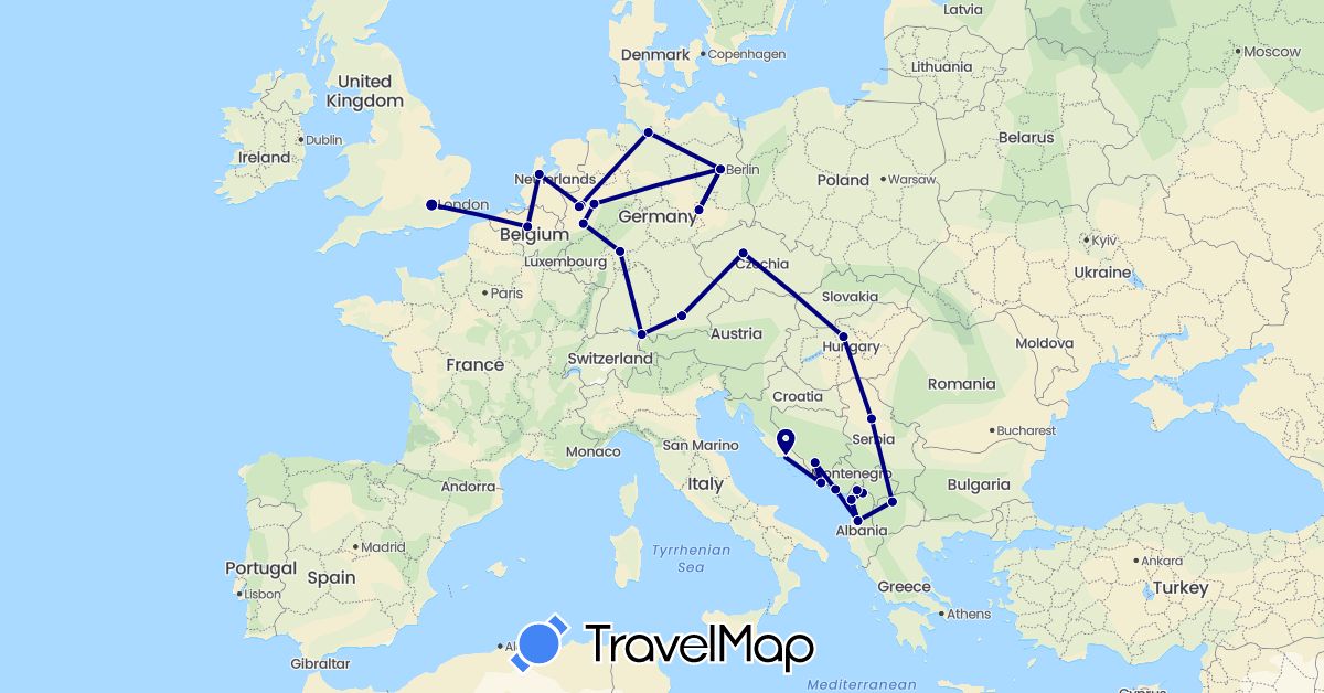 TravelMap itinerary: driving in Albania, Bosnia and Herzegovina, Belgium, Czech Republic, Germany, United Kingdom, Croatia, Hungary, Montenegro, Macedonia, Netherlands, Serbia (Europe)